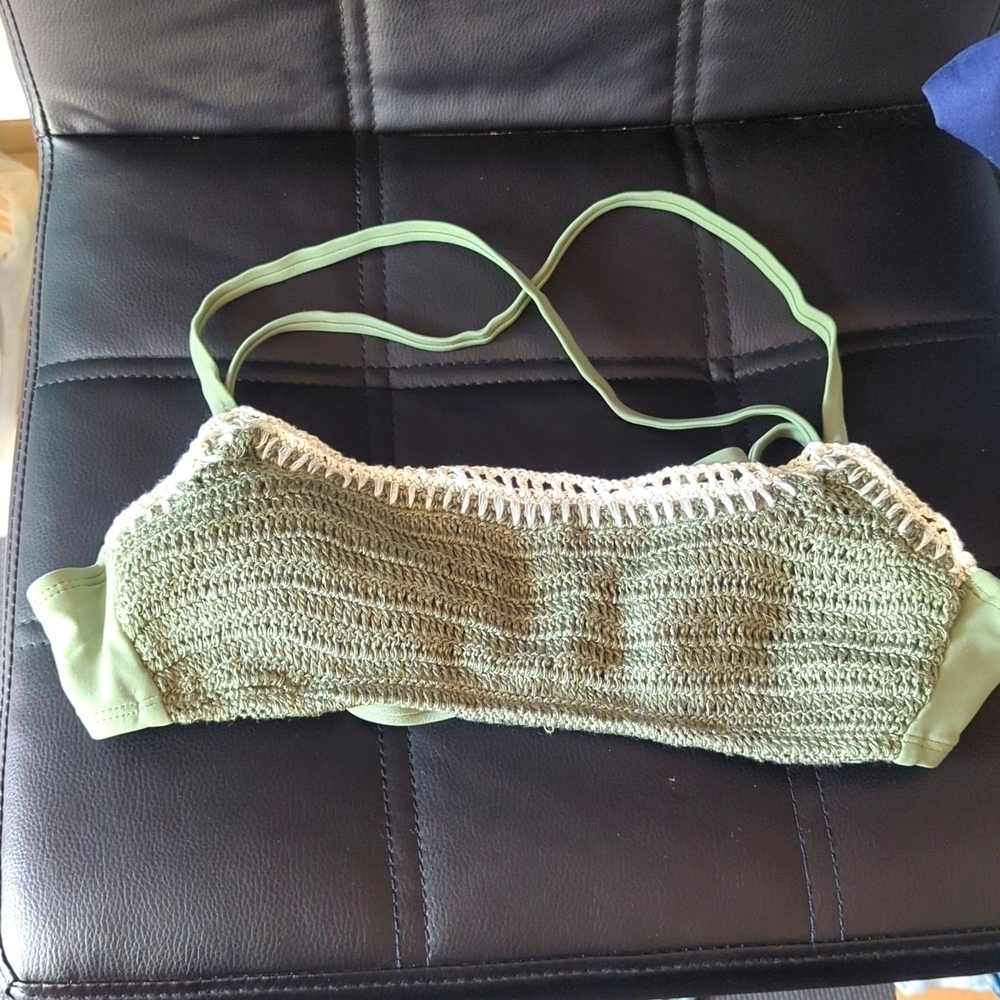 Sage green crocheted bikini top crisscross back.